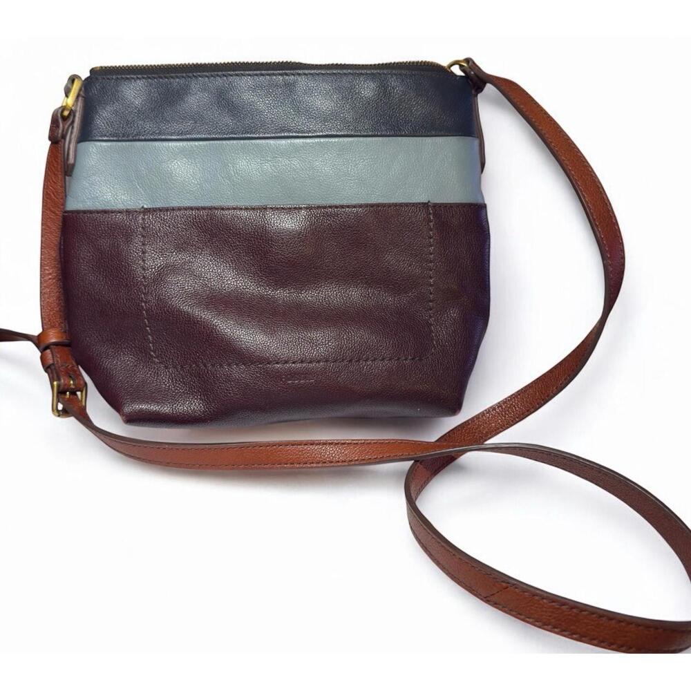 Fossil Color Block Leather Medium Boston Handbag Crossbody Bag EUC